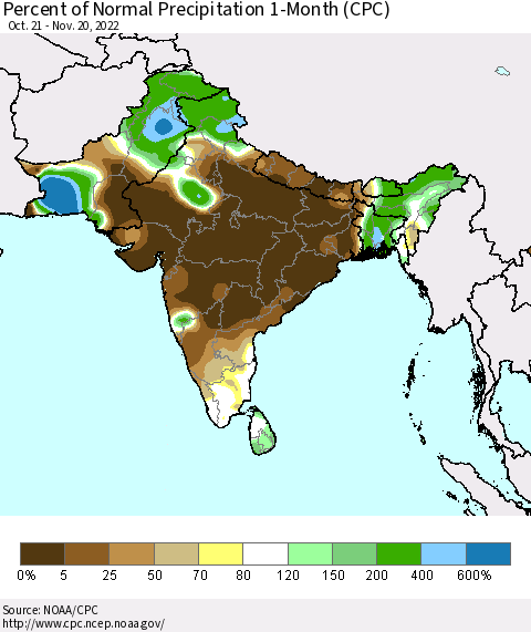 Southern Asia Percent of Normal Precipitation 1-Month (CPC) Thematic Map For 10/21/2022 - 11/20/2022