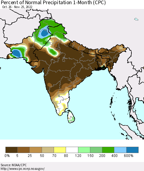 Southern Asia Percent of Normal Precipitation 1-Month (CPC) Thematic Map For 10/26/2022 - 11/25/2022