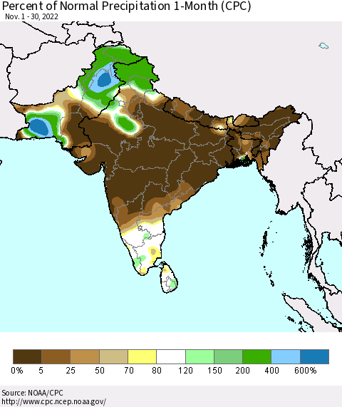 Southern Asia Percent of Normal Precipitation 1-Month (CPC) Thematic Map For 11/1/2022 - 11/30/2022
