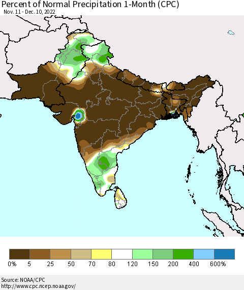 Southern Asia Percent of Normal Precipitation 1-Month (CPC) Thematic Map For 11/11/2022 - 12/10/2022