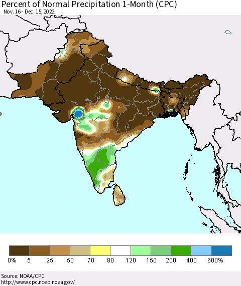 Southern Asia Percent of Normal Precipitation 1-Month (CPC) Thematic Map For 11/16/2022 - 12/15/2022