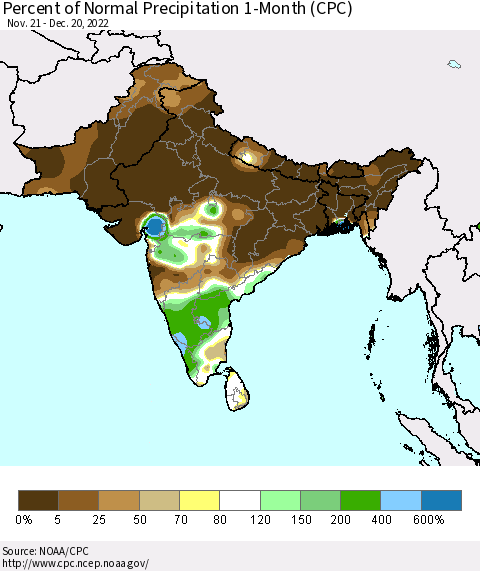 Southern Asia Percent of Normal Precipitation 1-Month (CPC) Thematic Map For 11/21/2022 - 12/20/2022