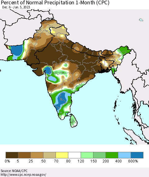 Southern Asia Percent of Normal Precipitation 1-Month (CPC) Thematic Map For 12/6/2022 - 1/5/2023