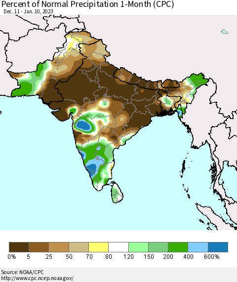 Southern Asia Percent of Normal Precipitation 1-Month (CPC) Thematic Map For 12/11/2022 - 1/10/2023