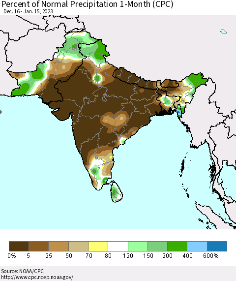 Southern Asia Percent of Normal Precipitation 1-Month (CPC) Thematic Map For 12/16/2022 - 1/15/2023