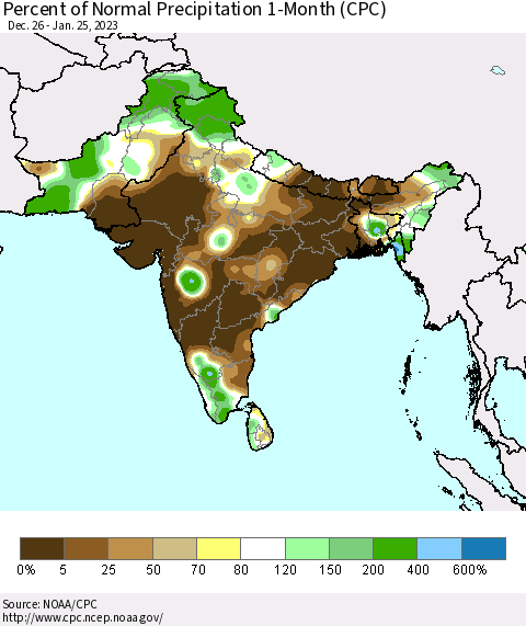 Southern Asia Percent of Normal Precipitation 1-Month (CPC) Thematic Map For 12/26/2022 - 1/25/2023