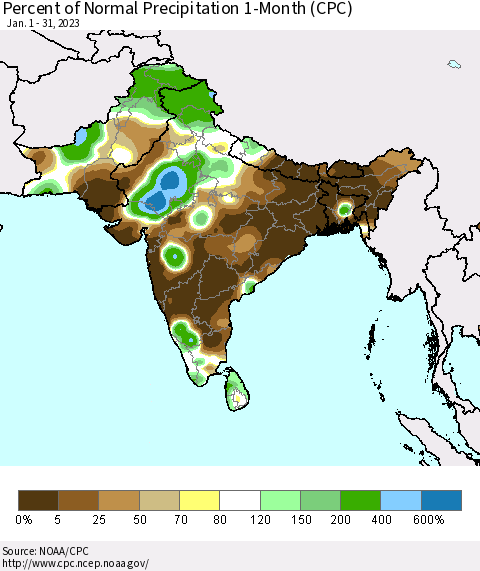 Southern Asia Percent of Normal Precipitation 1-Month (CPC) Thematic Map For 1/1/2023 - 1/31/2023