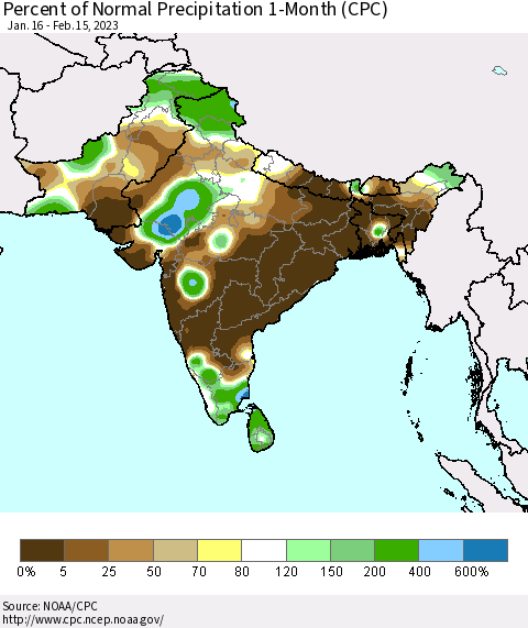Southern Asia Percent of Normal Precipitation 1-Month (CPC) Thematic Map For 1/16/2023 - 2/15/2023