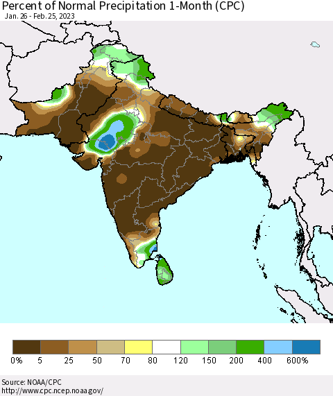 Southern Asia Percent of Normal Precipitation 1-Month (CPC) Thematic Map For 1/26/2023 - 2/25/2023