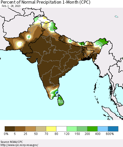 Southern Asia Percent of Normal Precipitation 1-Month (CPC) Thematic Map For 2/1/2023 - 2/28/2023