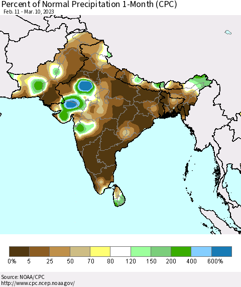 Southern Asia Percent of Normal Precipitation 1-Month (CPC) Thematic Map For 2/11/2023 - 3/10/2023