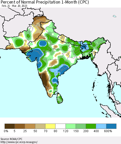 Southern Asia Percent of Normal Precipitation 1-Month (CPC) Thematic Map For 2/21/2023 - 3/20/2023