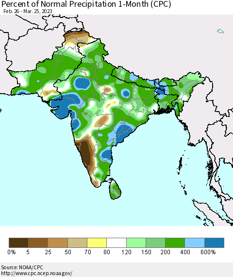 Southern Asia Percent of Normal Precipitation 1-Month (CPC) Thematic Map For 2/26/2023 - 3/25/2023