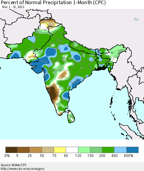 Southern Asia Percent of Normal Precipitation 1-Month (CPC) Thematic Map For 3/1/2023 - 3/31/2023
