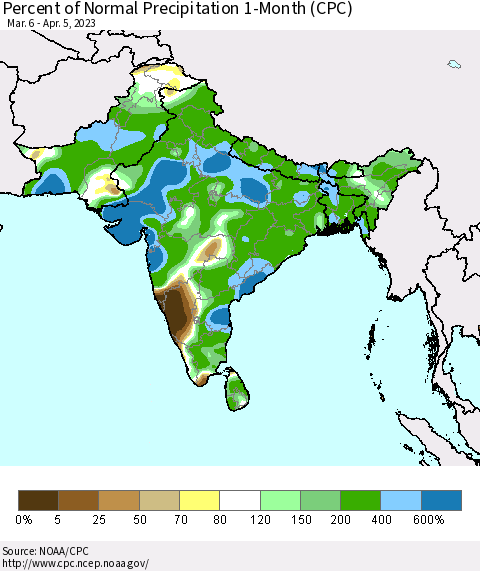 Southern Asia Percent of Normal Precipitation 1-Month (CPC) Thematic Map For 3/6/2023 - 4/5/2023