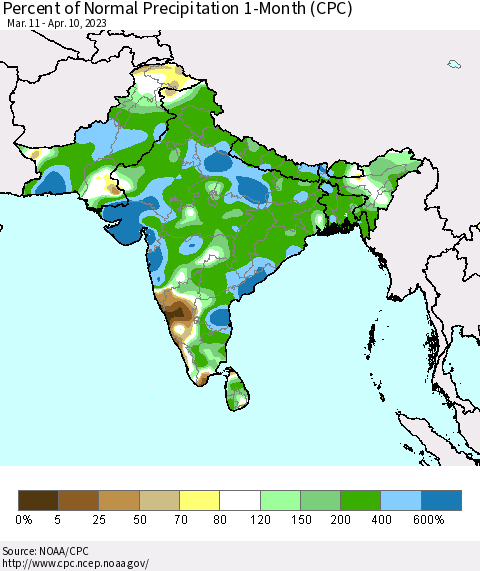 Southern Asia Percent of Normal Precipitation 1-Month (CPC) Thematic Map For 3/11/2023 - 4/10/2023