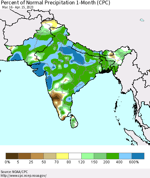Southern Asia Percent of Normal Precipitation 1-Month (CPC) Thematic Map For 3/16/2023 - 4/15/2023