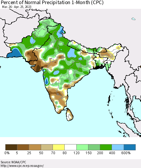 Southern Asia Percent of Normal Precipitation 1-Month (CPC) Thematic Map For 3/26/2023 - 4/25/2023