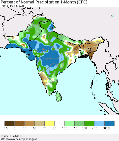 Southern Asia Percent of Normal Precipitation 1-Month (CPC) Thematic Map For 4/6/2023 - 5/5/2023