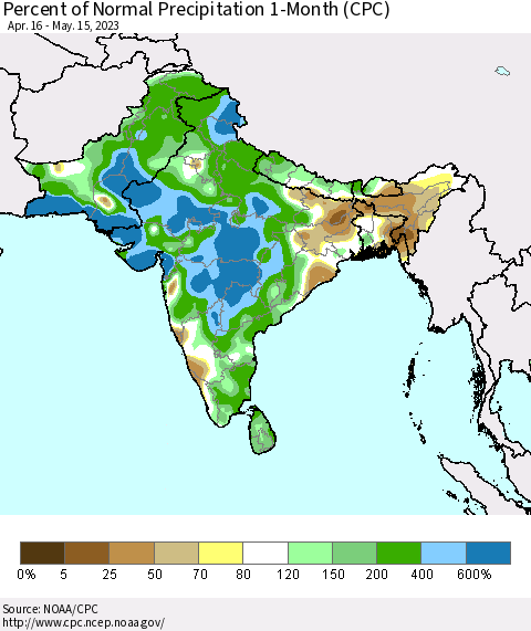Southern Asia Percent of Normal Precipitation 1-Month (CPC) Thematic Map For 4/16/2023 - 5/15/2023