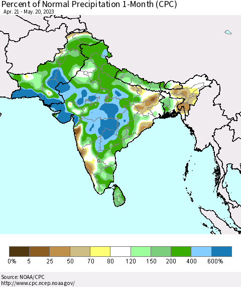 Southern Asia Percent of Normal Precipitation 1-Month (CPC) Thematic Map For 4/21/2023 - 5/20/2023