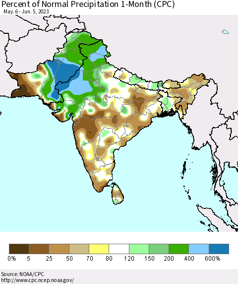 Southern Asia Percent of Normal Precipitation 1-Month (CPC) Thematic Map For 5/6/2023 - 6/5/2023