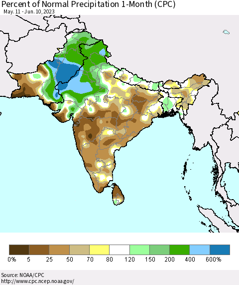 Southern Asia Percent of Normal Precipitation 1-Month (CPC) Thematic Map For 5/11/2023 - 6/10/2023