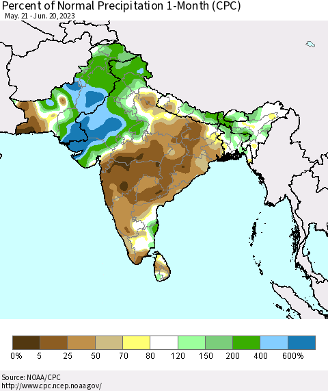 Southern Asia Percent of Normal Precipitation 1-Month (CPC) Thematic Map For 5/21/2023 - 6/20/2023