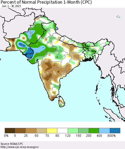 Southern Asia Percent of Normal Precipitation 1-Month (CPC) Thematic Map For 6/1/2023 - 6/30/2023