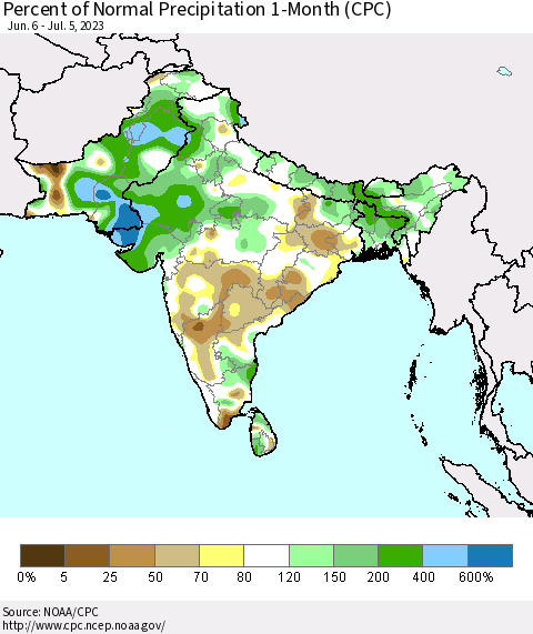Southern Asia Percent of Normal Precipitation 1-Month (CPC) Thematic Map For 6/6/2023 - 7/5/2023