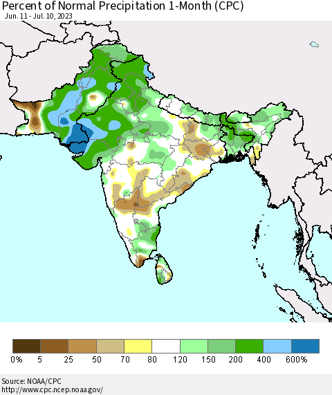 Southern Asia Percent of Normal Precipitation 1-Month (CPC) Thematic Map For 6/11/2023 - 7/10/2023