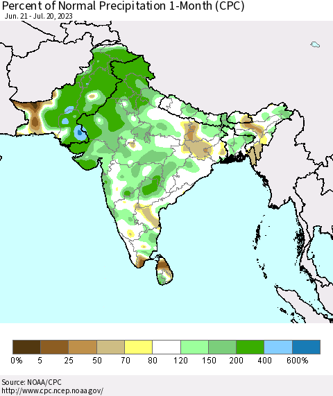 Southern Asia Percent of Normal Precipitation 1-Month (CPC) Thematic Map For 6/21/2023 - 7/20/2023