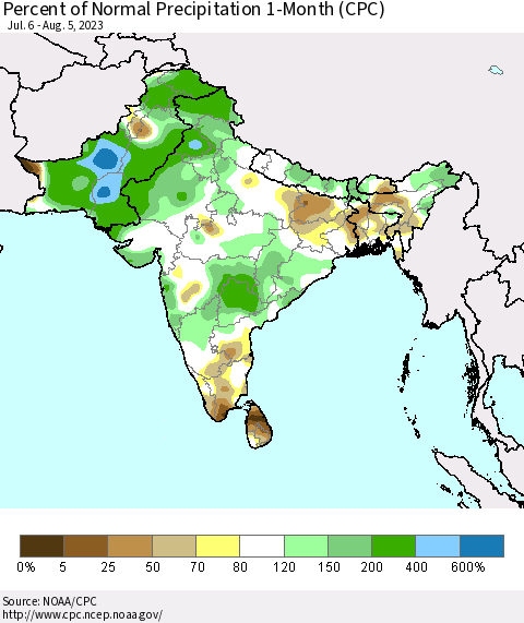 Southern Asia Percent of Normal Precipitation 1-Month (CPC) Thematic Map For 7/6/2023 - 8/5/2023