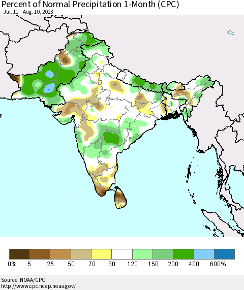 Southern Asia Percent of Normal Precipitation 1-Month (CPC) Thematic Map For 7/11/2023 - 8/10/2023