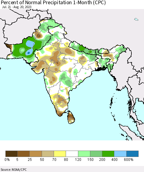 Southern Asia Percent of Normal Precipitation 1-Month (CPC) Thematic Map For 7/21/2023 - 8/20/2023
