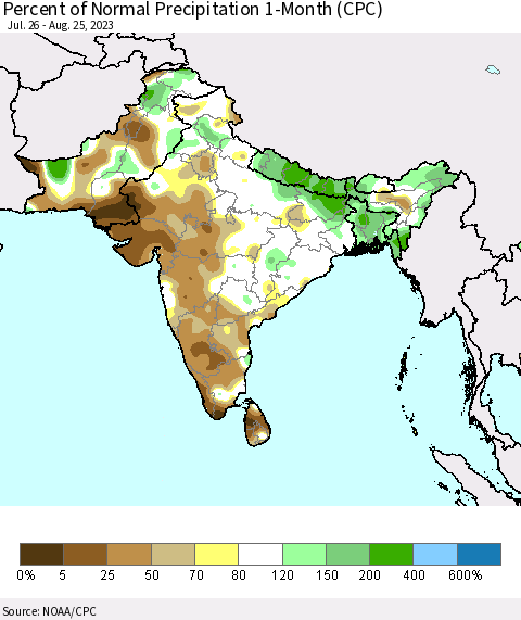 Southern Asia Percent of Normal Precipitation 1-Month (CPC) Thematic Map For 7/26/2023 - 8/25/2023