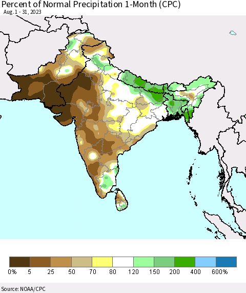 Southern Asia Percent of Normal Precipitation 1-Month (CPC) Thematic Map For 8/1/2023 - 8/31/2023