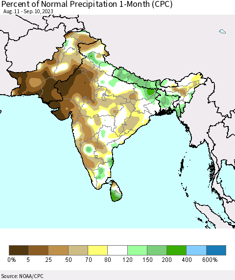 Southern Asia Percent of Normal Precipitation 1-Month (CPC) Thematic Map For 8/11/2023 - 9/10/2023