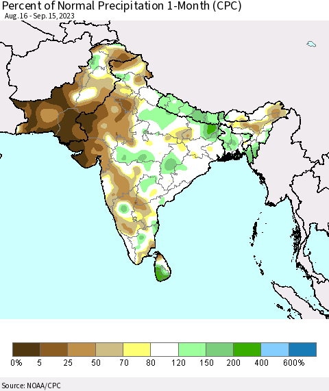 Southern Asia Percent of Normal Precipitation 1-Month (CPC) Thematic Map For 8/16/2023 - 9/15/2023