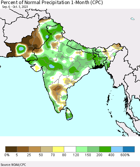 Southern Asia Percent of Normal Precipitation 1-Month (CPC) Thematic Map For 9/6/2023 - 10/5/2023