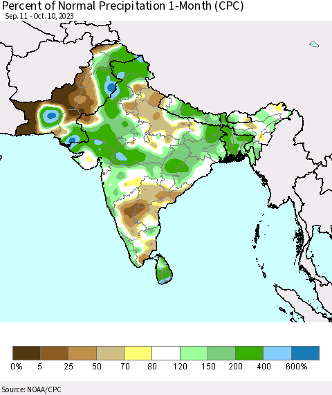 Southern Asia Percent of Normal Precipitation 1-Month (CPC) Thematic Map For 9/11/2023 - 10/10/2023