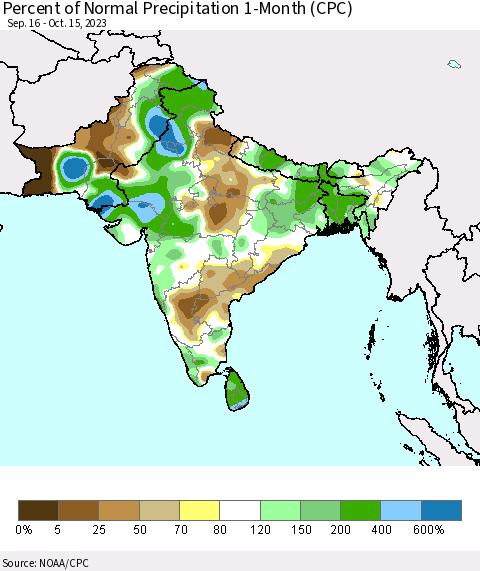 Southern Asia Percent of Normal Precipitation 1-Month (CPC) Thematic Map For 9/16/2023 - 10/15/2023