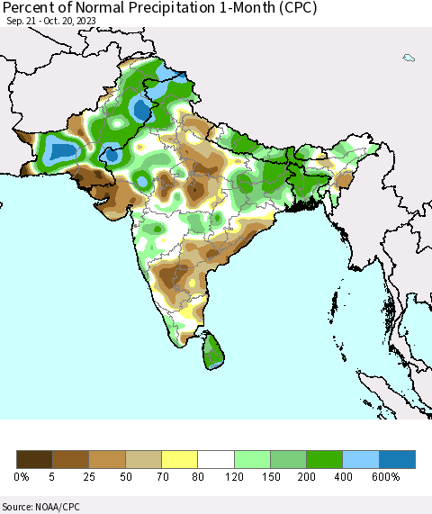 Southern Asia Percent of Normal Precipitation 1-Month (CPC) Thematic Map For 9/21/2023 - 10/20/2023