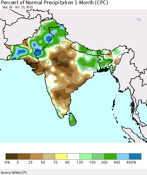 Southern Asia Percent of Normal Precipitation 1-Month (CPC) Thematic Map For 9/26/2023 - 10/25/2023