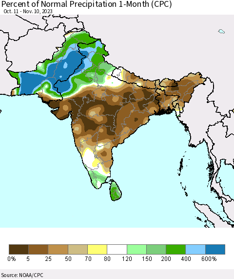 Southern Asia Percent of Normal Precipitation 1-Month (CPC) Thematic Map For 10/11/2023 - 11/10/2023