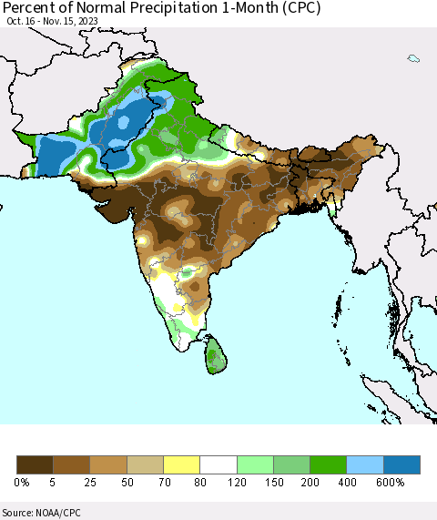 Southern Asia Percent of Normal Precipitation 1-Month (CPC) Thematic Map For 10/16/2023 - 11/15/2023
