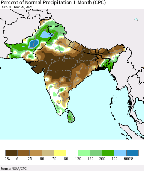 Southern Asia Percent of Normal Precipitation 1-Month (CPC) Thematic Map For 10/21/2023 - 11/20/2023