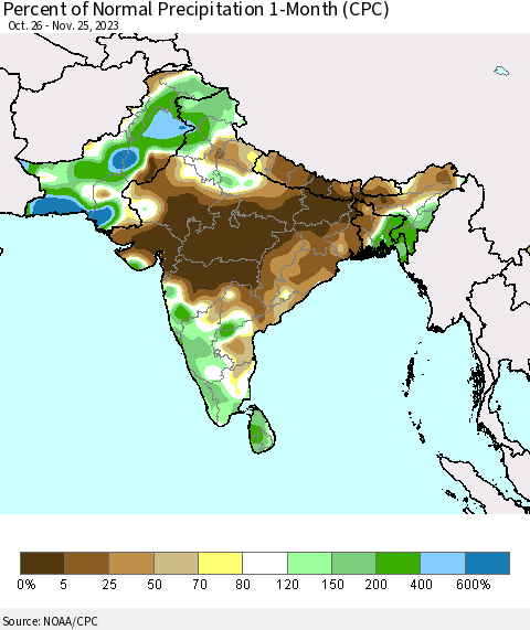 Southern Asia Percent of Normal Precipitation 1-Month (CPC) Thematic Map For 10/26/2023 - 11/25/2023