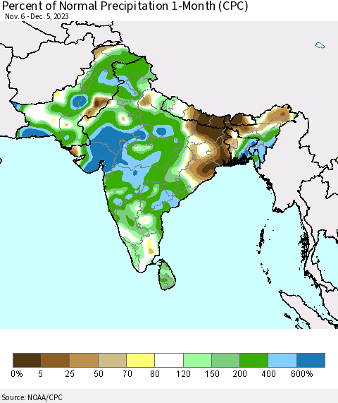Southern Asia Percent of Normal Precipitation 1-Month (CPC) Thematic Map For 11/6/2023 - 12/5/2023