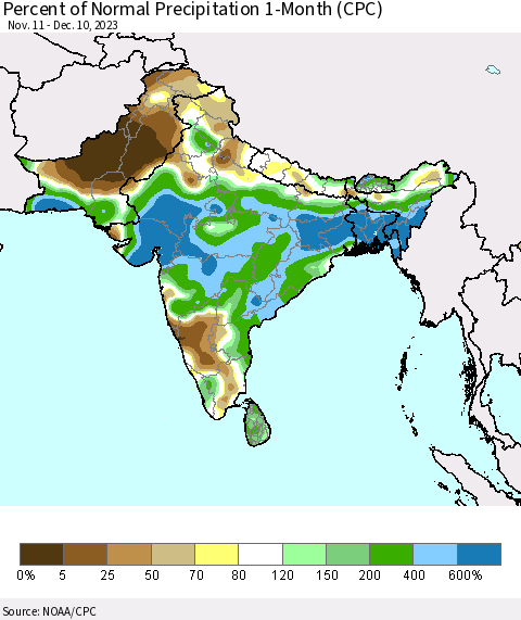 Southern Asia Percent of Normal Precipitation 1-Month (CPC) Thematic Map For 11/11/2023 - 12/10/2023